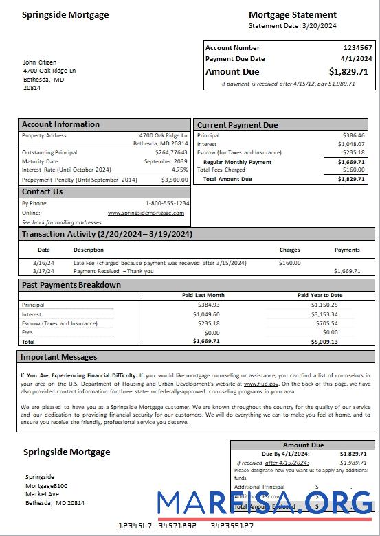 Realistic USA Maryland Springside mortgage statement scr template